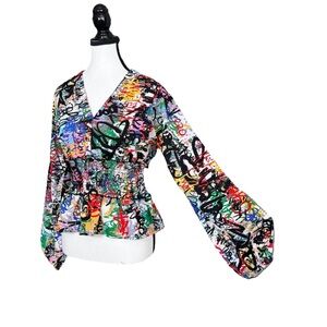 Live 4 Truth M Graffiti Print Blouse V Neck Smocked Peplum Long Flowy Sleeve Top